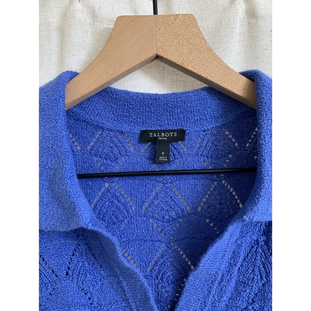 Talbots Petite Open Polo Knit Sweater Top Johnny Collar Biscayne Blue Size P - Picture 3 of 7